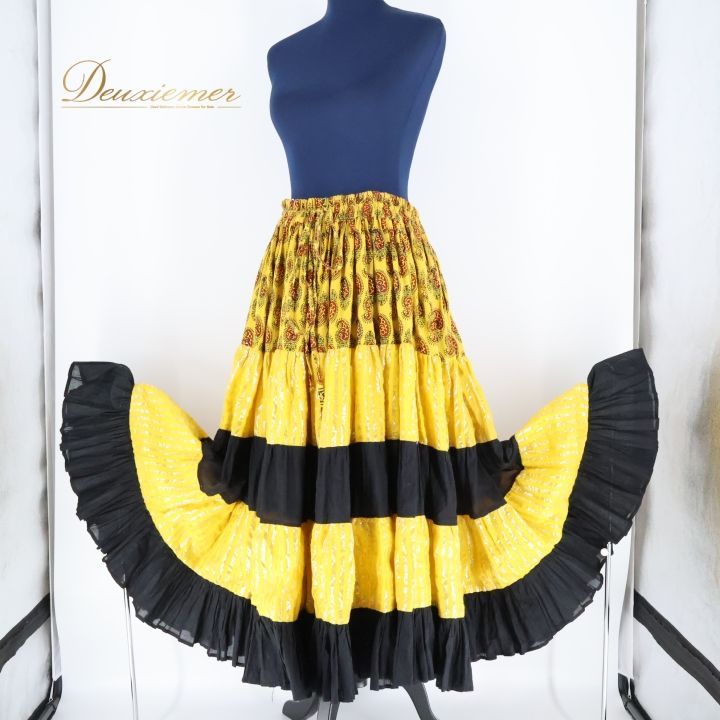 ベリーダンス 衣装 ジプシー スカート eden 25ヤード イエロー系 黄色 ブラック系 黒 ラメ 柄 模様 ロング フリル 練習 舞台 発表会 イベント おしゃれ フェス ファッション レディース ダンス衣装 フリルスカート かわいい カジュアル