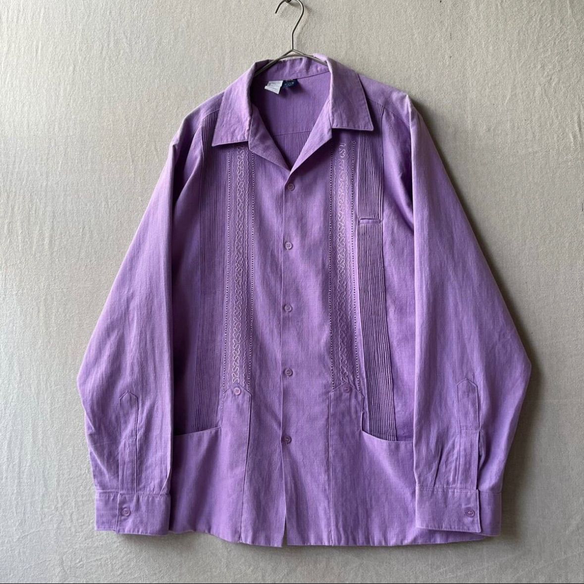 Vintage リネン キューバ シャツ / 42 L パープル 長袖 オープンカラー ボックス USA ビンテージ T4-07051-9376