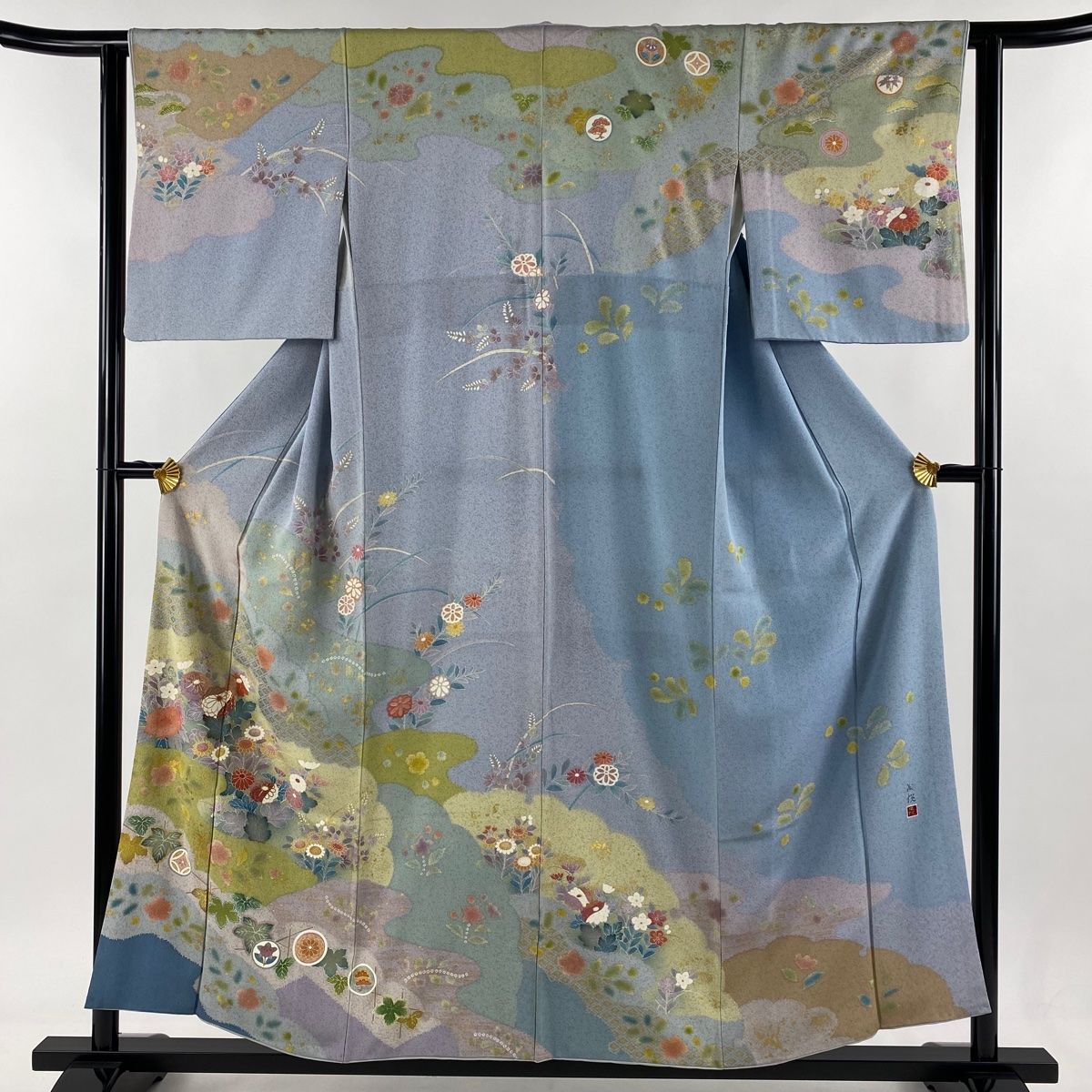 訪問着 身丈155cm 裄丈61cm S 袷 落款 菊 雲文 金糸 金彩 青灰色 正絹 名品