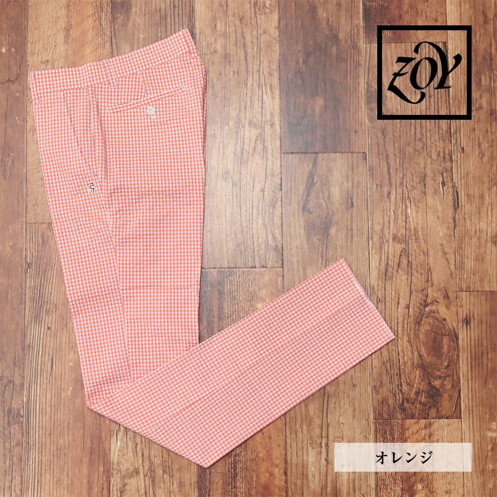 春夏|ZOY|82cm|ゴルフ パンツ 071422415 吸水速乾 サッカー ギンガム チェック メンズ 紳士 ゾーイ |オレンジ|kk107|