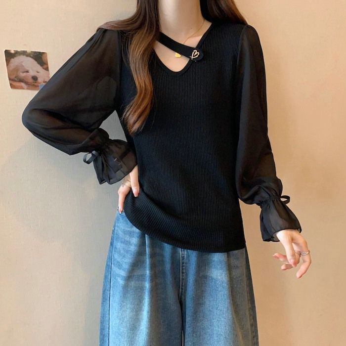 ニットトップス 異素材 切り替え シフォン袖 レディース Vネック シフォン シアースリーブ トップス ぽわん袖 ニット 長袖 透け感 プルオーバー ニットトップス 異素材 切り替え シフォン袖 レディース Vネック