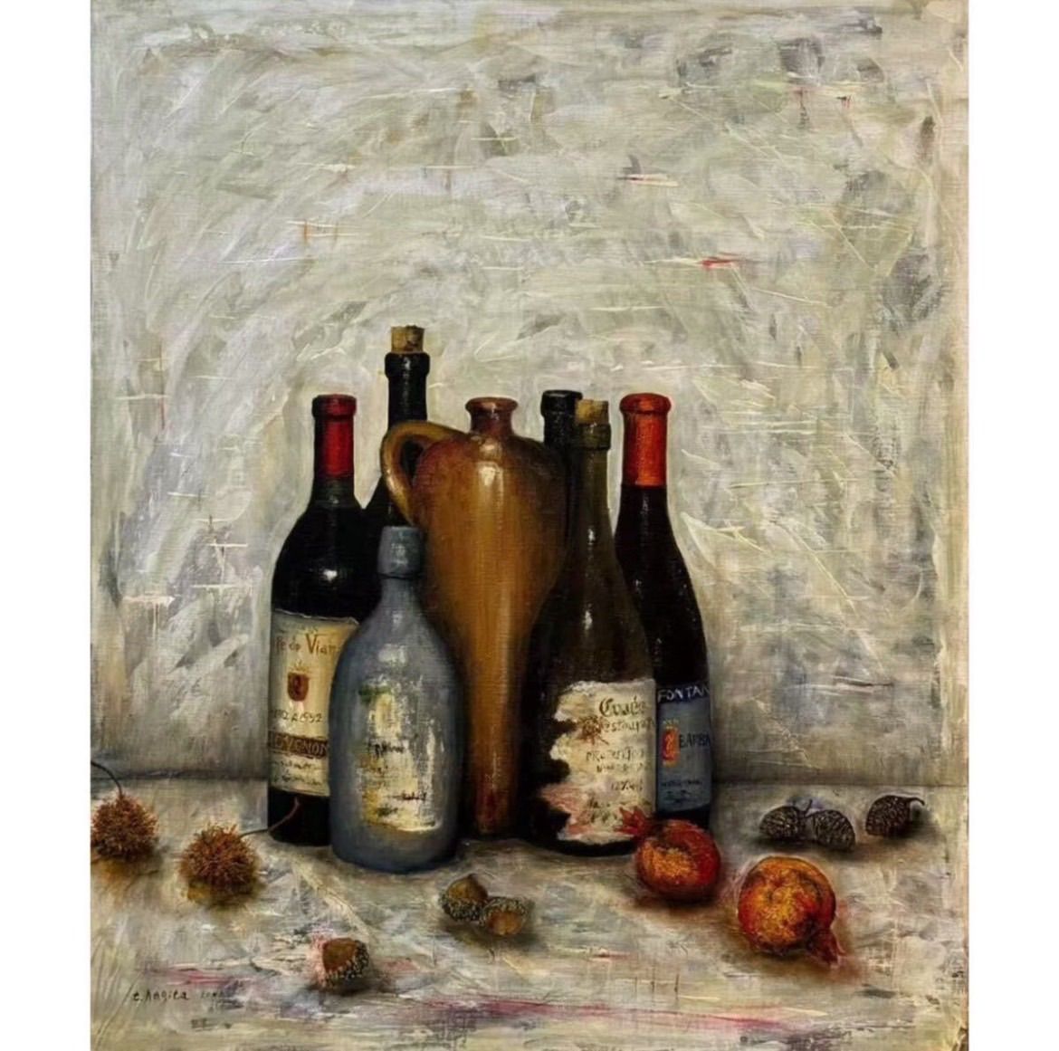 萩田剛由 酒と木の実 油彩 静物画 F20号 大作 バロック カラヴァッジオ彷彿 旺玄会会友 ファンタジックに演出する絵画空間