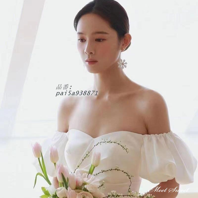 ウェディングドレス ロングドレス スレンダーライン オフショルダー サテン 半袖 二次会 前撮り 結婚式 ウエディングドレス 花嫁 シンプル ブライダル pai5a938871 USTAUSTRALIA_COM_AU