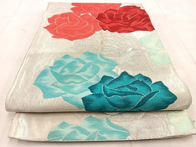 平和屋着物◎六通柄袋帯 唐織 薔薇 銀糸 正絹 逸品 BAAU6689yc