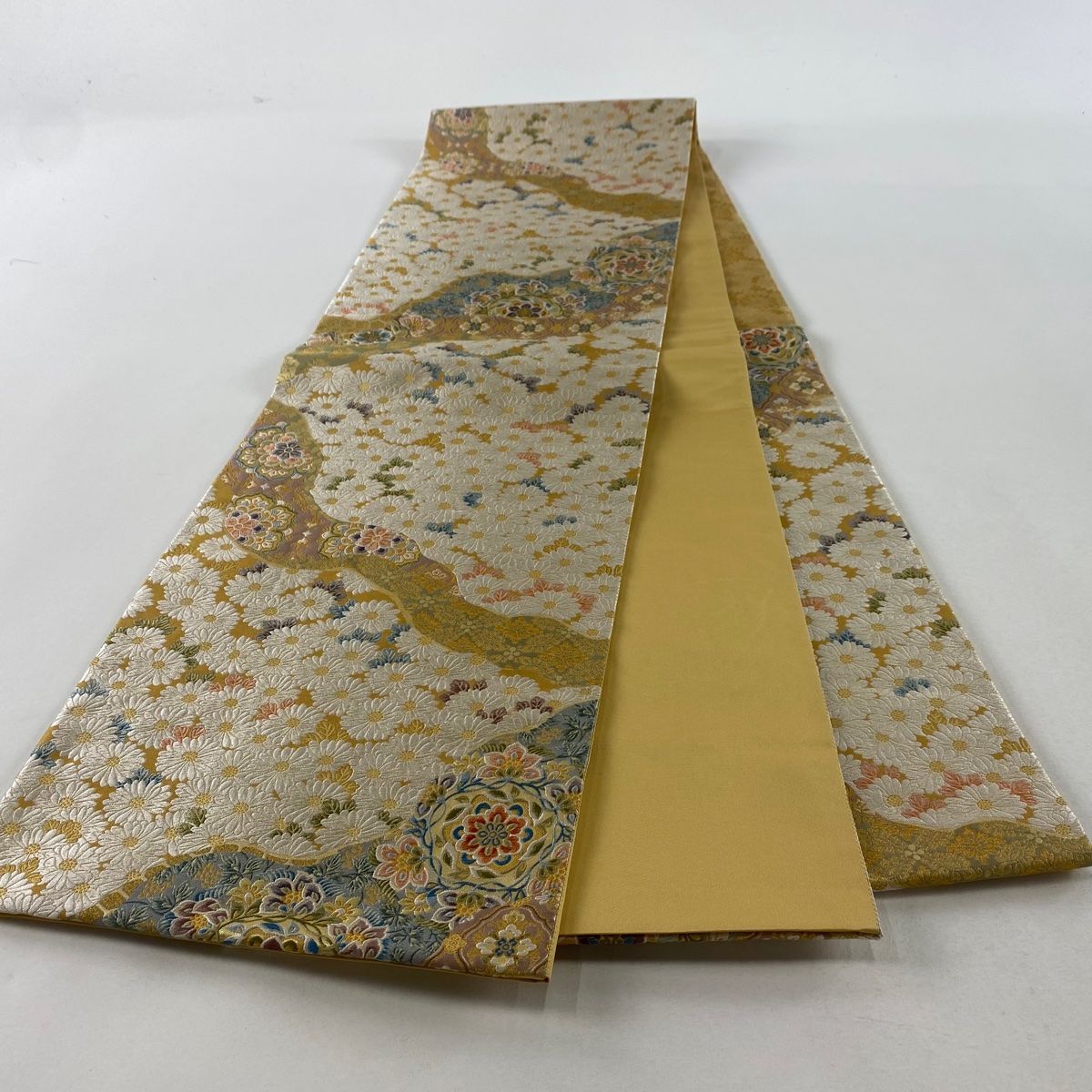 半幅帯 美品 名品 縞 幾何学 山吹茶色 正絹 中古 半幅帯 美品 名品 縞 茶色 正絹 中古（半幅帯 美品 名品 格子