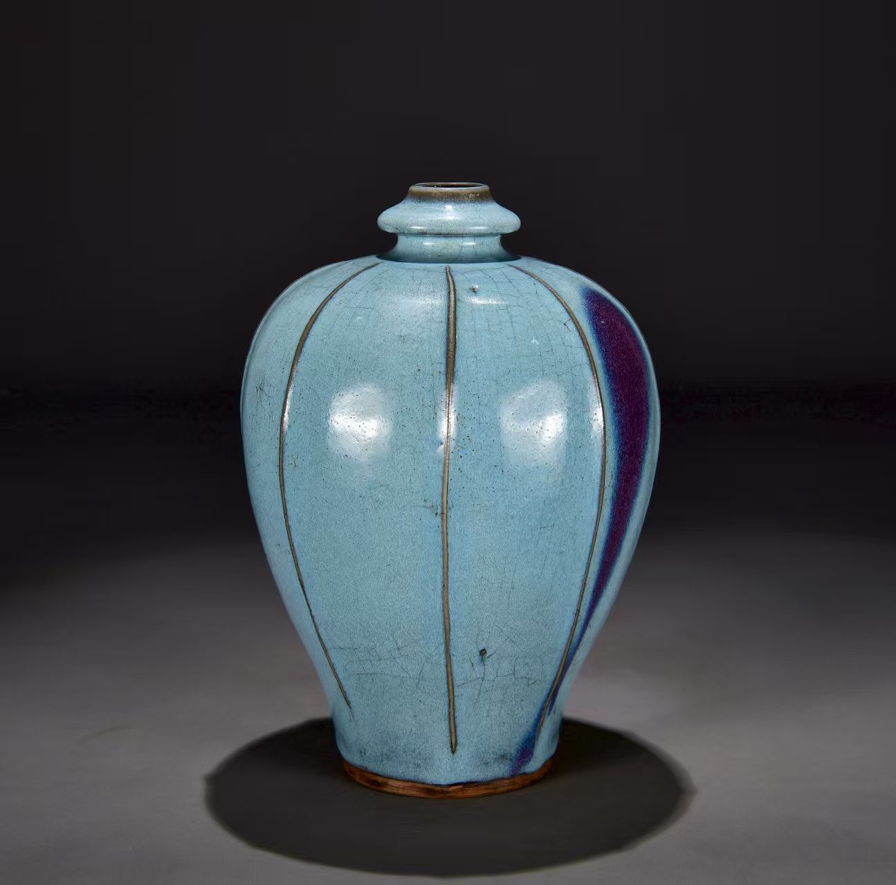 中国古美術.精品収蔵.宋時代鈞窯.紅斑瓜稜梅瓶.古陶磁器・置物