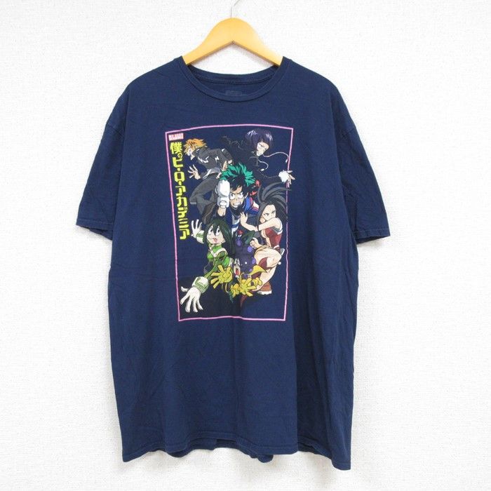 XL/古着 半袖 Tシャツ メンズ アニメ 僕のヒーローアカデミア 緑谷出久 グリーン デク コットン クルーネック 濃紺 ネイビー 23aug17 中古