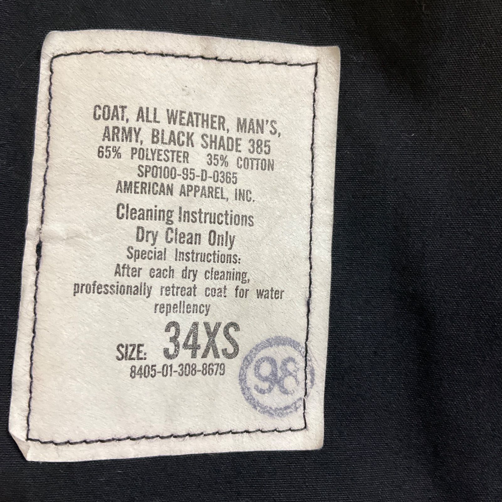 新品訳ありU.S.NAVY オールウェザーコート DSCP 34s 古着ブラック 95年製 90年代 90s DSCP 米軍実物 オールウェザー ミリタリー