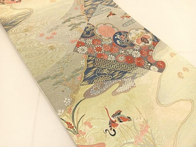 平和屋着物◎六通柄袋帯　唐織　桃山慶長の美　裂張能衣紋　金糸　正絹　逸品　AABI0912yx 平和屋着物◎六通柄袋帯 唐織 桃山慶長の美 裂張能衣紋 金糸 正絹 逸品