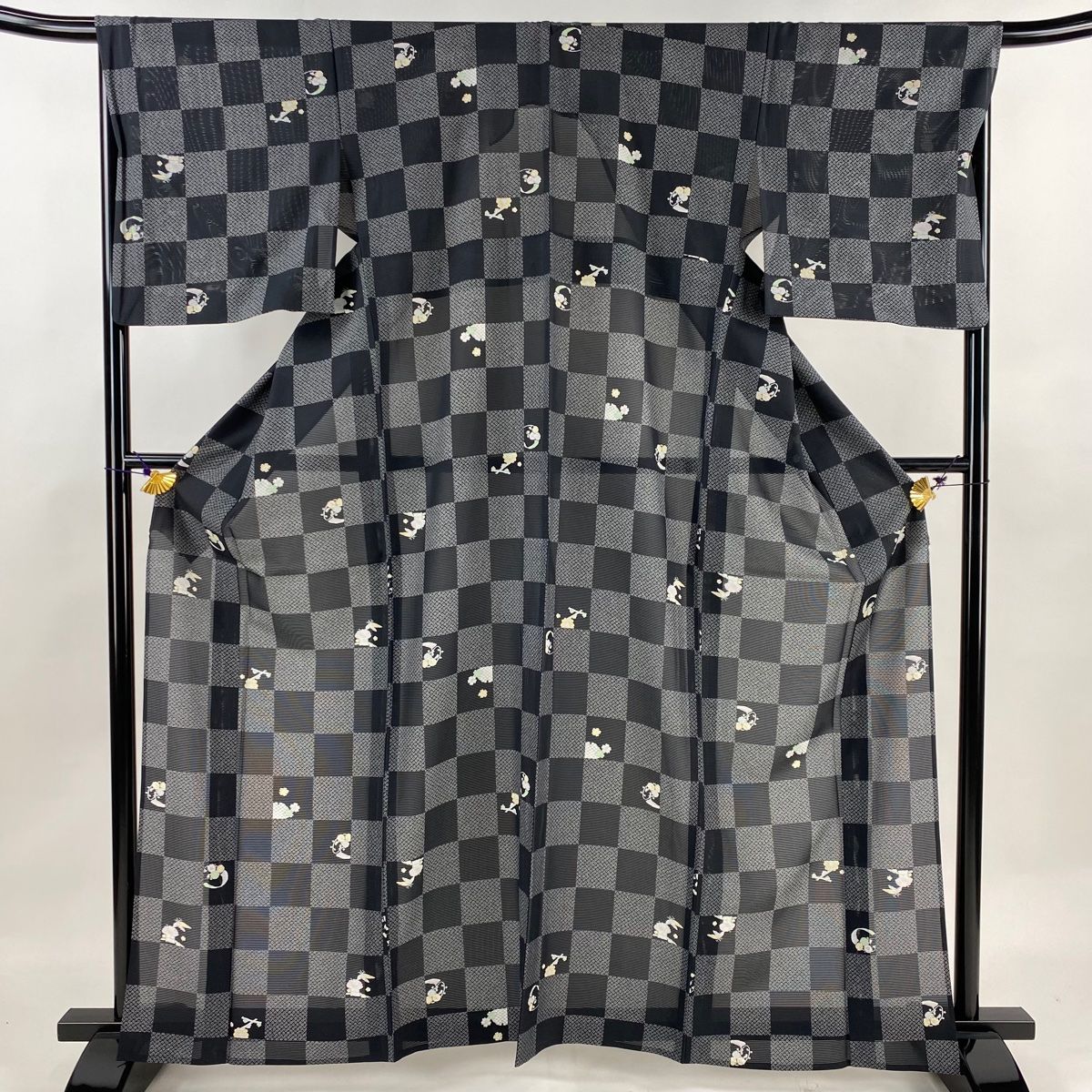 小紋 身丈163.5cm 裄丈67.5cm L 薄物 絽 市松 草花 黒 正絹 名品