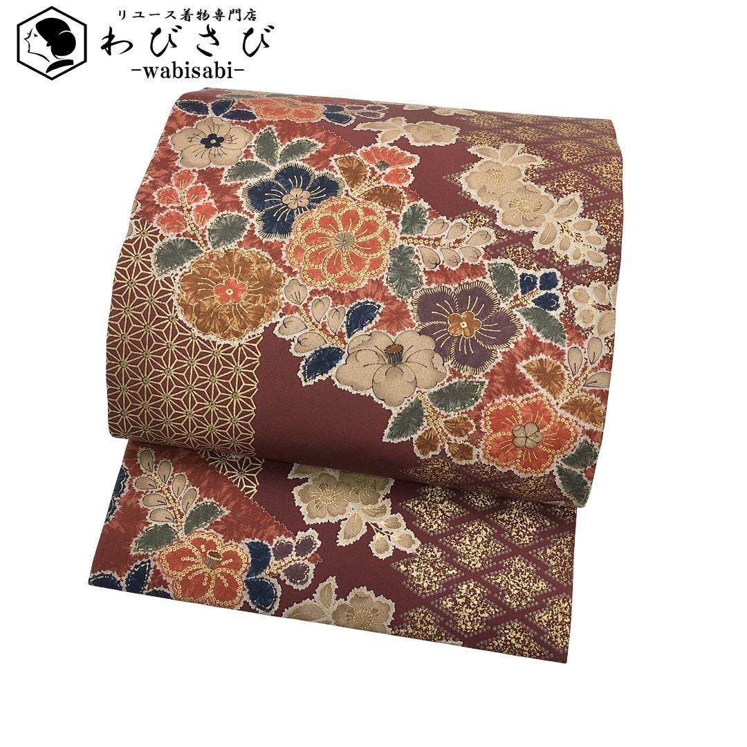 名古屋帯 辻が花 金彩 小豆茶色 縮緬 O-5630