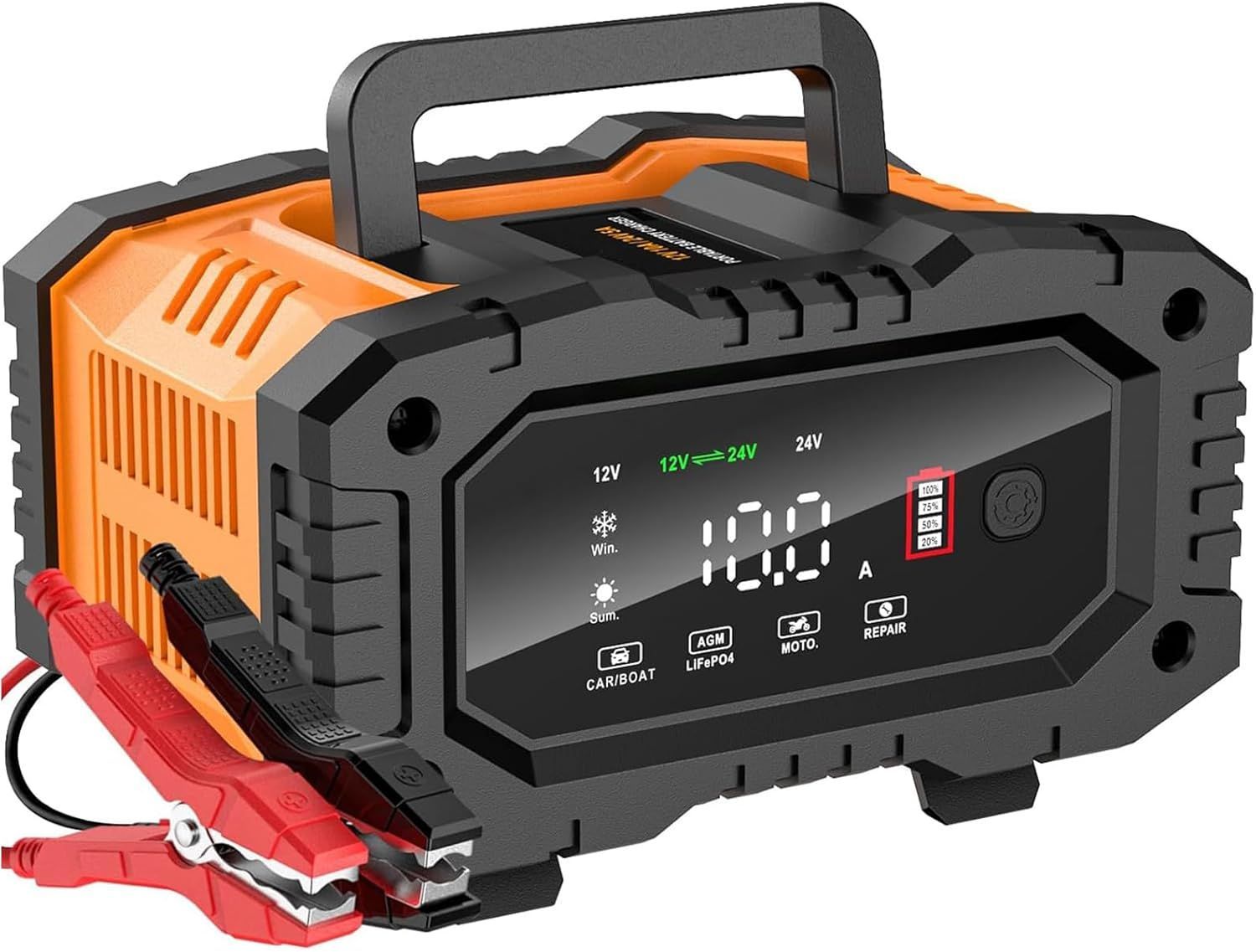 12Vと24V用鉛蓄バッテリー充電器 リン酸鉄リチウムオン充電器 1.5A|5A|10A充電電流 トリクル充電 3-240Ah用自動車＆バイク＆トラック等適用