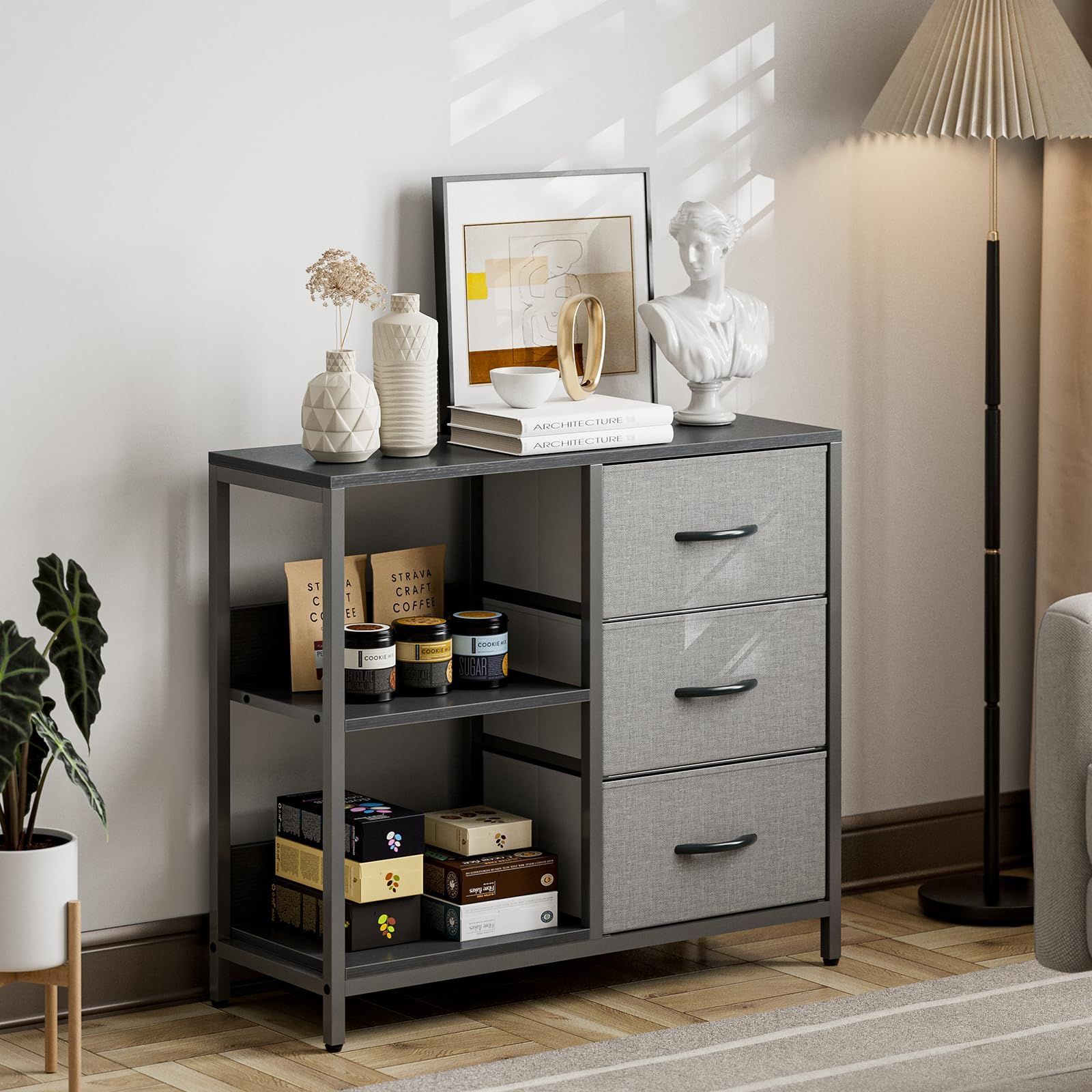 木製天板 スリム 転倒防止 省スペース コンパクト 軽量 衣類収納 組み立て簡単 収納ケース 布製引き出し 箪笥リビング収納 引き出し 3段3杯2段階棚 幅80×奥行29×高さ71cm 布製 キャビネット リビングチェスト 洋服タンス グレー 棚付き 収