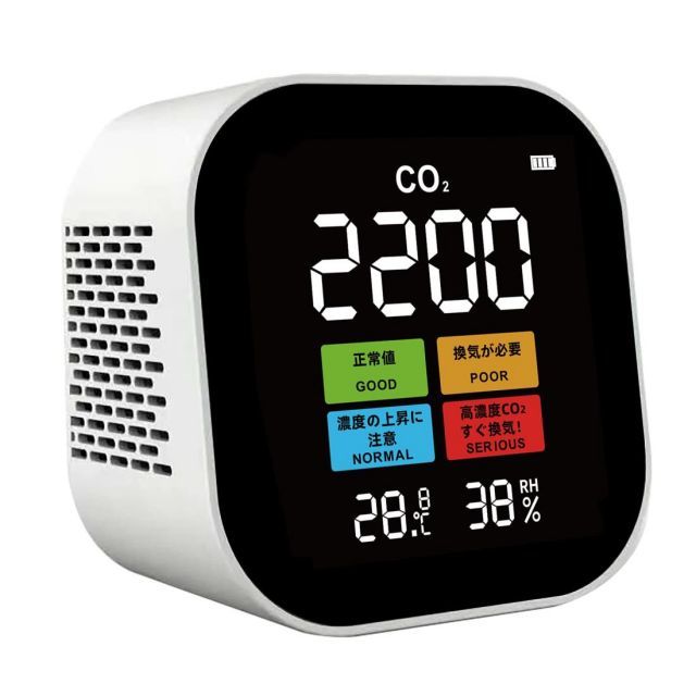 RYOTAKU 日本ブランド 二酸化炭素濃度計測器 CO2センサー 高精度CO2モニター 日本語表示大画面 NDIR方式 アラーム解除機能 温度湿度表示付き 警告値設定 USB給電 PSE認定済 白