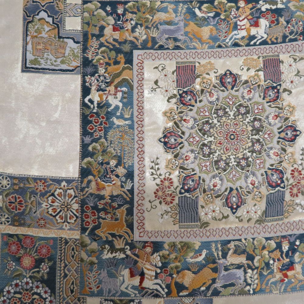 袋帯 北欧壁画文様 六通柄 金糸銀糸 エスニック調 ベージュ色x緑色x