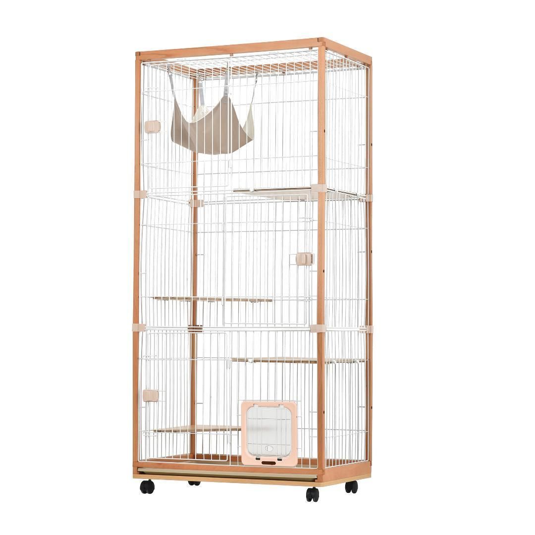 猫 ケージ キャットケージ 3段 木製フレーム ハンモック付 広々 大型