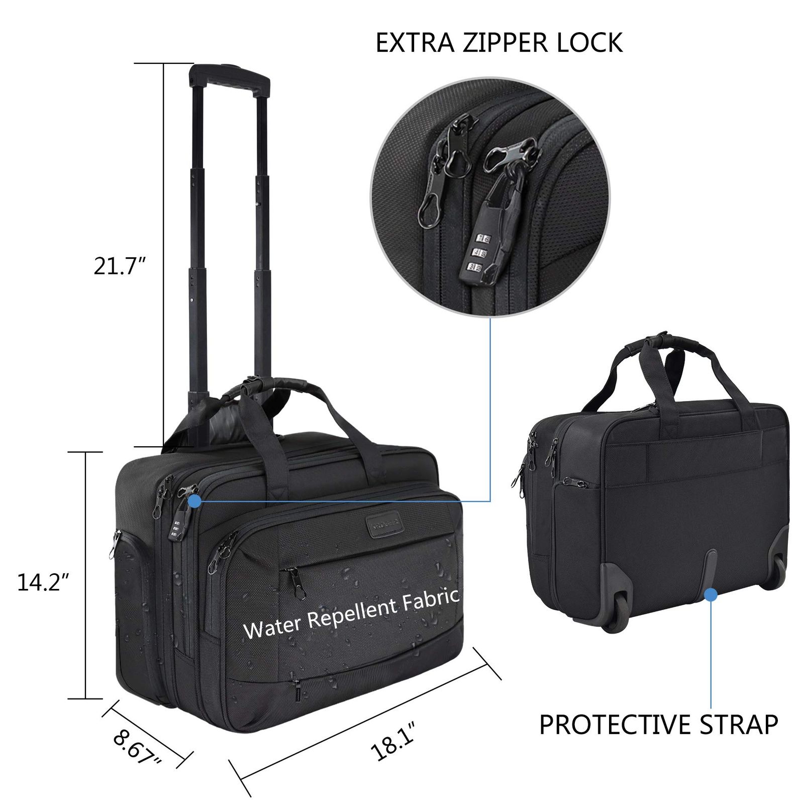 KROSER キャリーケース ビジネスバッグ ローリングブリーフケース 機内持込可17.3インチpc対応 キャスター付 パソコンバッグ 静音キャスター 撥水 ビジネス 出張 旅行 メンズ レディース -ブラック