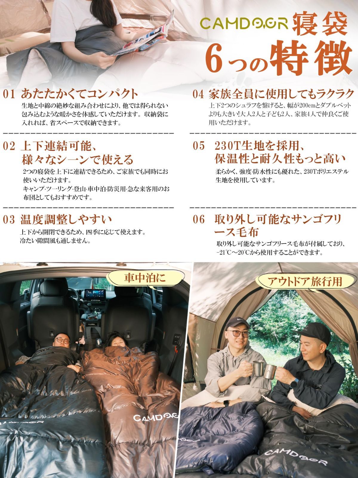 寝袋 冬用 CAMDOOR シュラフ 冬用 取り外せる毛布-2個連結可 寝袋 封筒型 320T防水 6in1 快適温度-15℃ 20℃ 2.5kg 3.0kg 3.5kg 保温 収納パック付き オールシーズン 丸洗い 車中泊 登山 防災用 避難用 WWW_SMP1DAWEKUDUS_SCH_ID