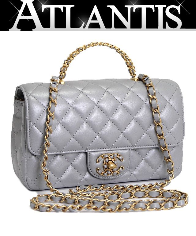 未使用 シャネル CHANEL トップハンドル ミニマトラッセ シングルフラップ ショルダーバッグ シャイニーラムスキン グレー G金具 【66083】