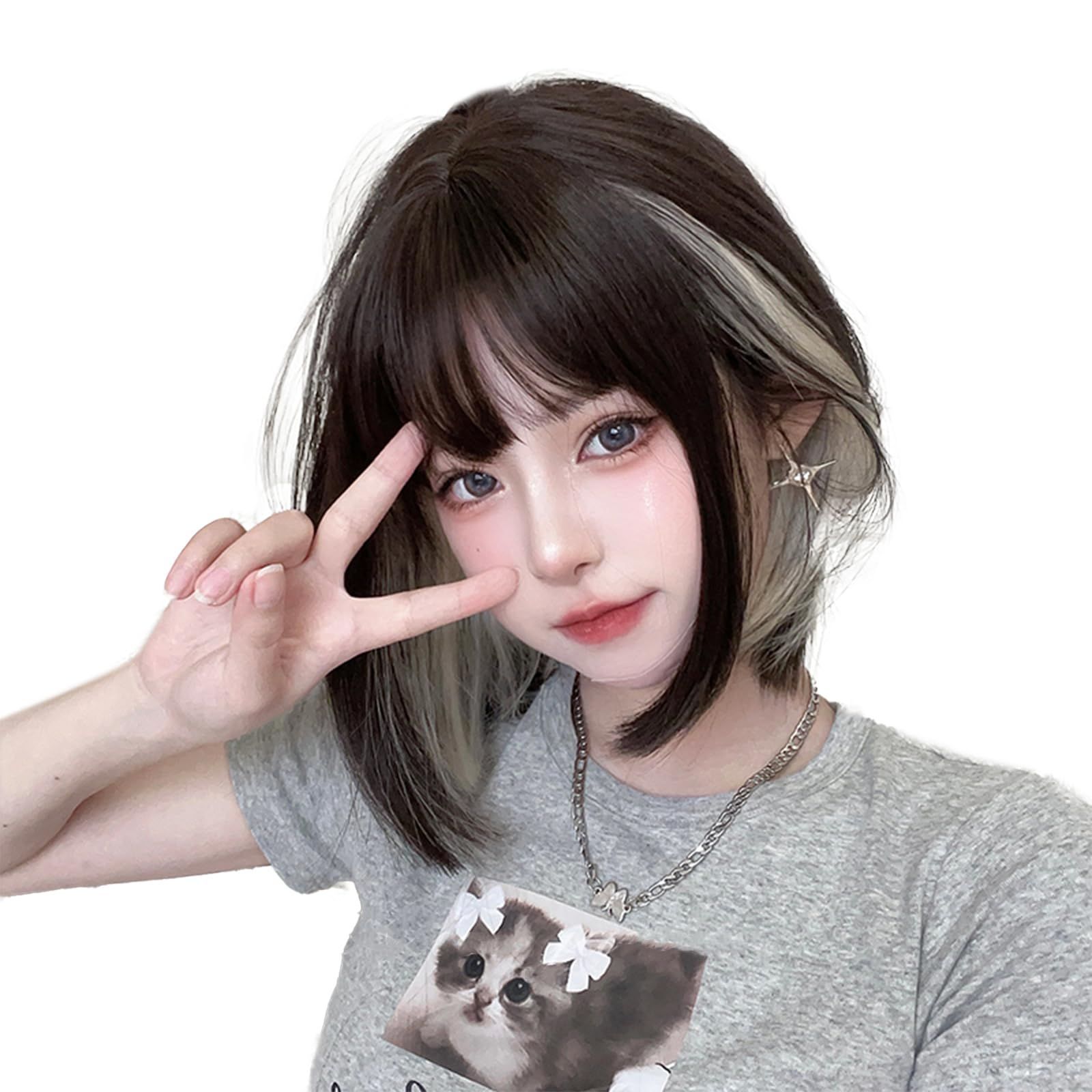FESHFEN ウィッグ ショート ボブ フルウィッグ レディーズ ストレート 女性用 女装 自然 かつら ショートwig おしゃれ ぱっつん前髪 小顔 ファション ナチュラル 普段使い 日常 耐熱 ネット/櫛付