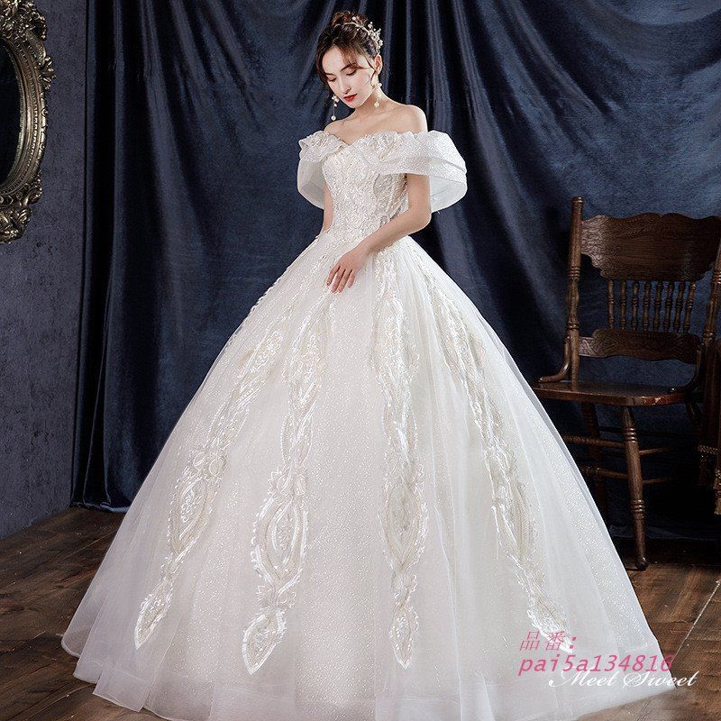 ウェディングドレス ロングドレス プリンセスラインドレス オフショルダー 二次会 結婚式 チュール 挙式 ウエディングドレス 前撮り ブライダル 花嫁 pai5a134816