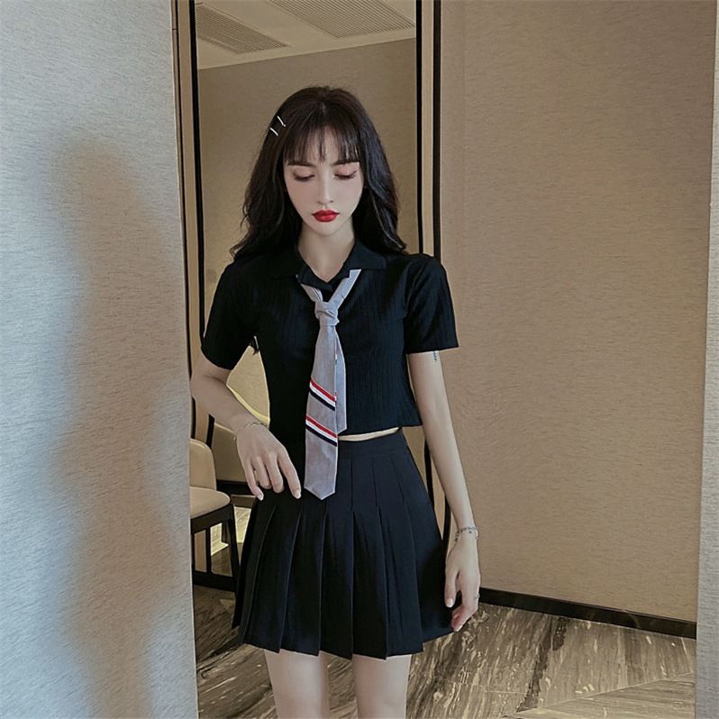ｔシャツ レディース 半袖 ショート丈 へそ出し JK スクール制服 コスプレ ネクタイ付き 夏 トップス 大人 ポロシャツ ストリート系 ファッション カットソー tシャツ レディース 半袖 ショート丈 へそ出し JK スクール制服