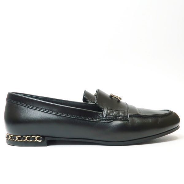 CHANEL ローファー G35067 レザー 38.5C ココマーク チェーン ブラック