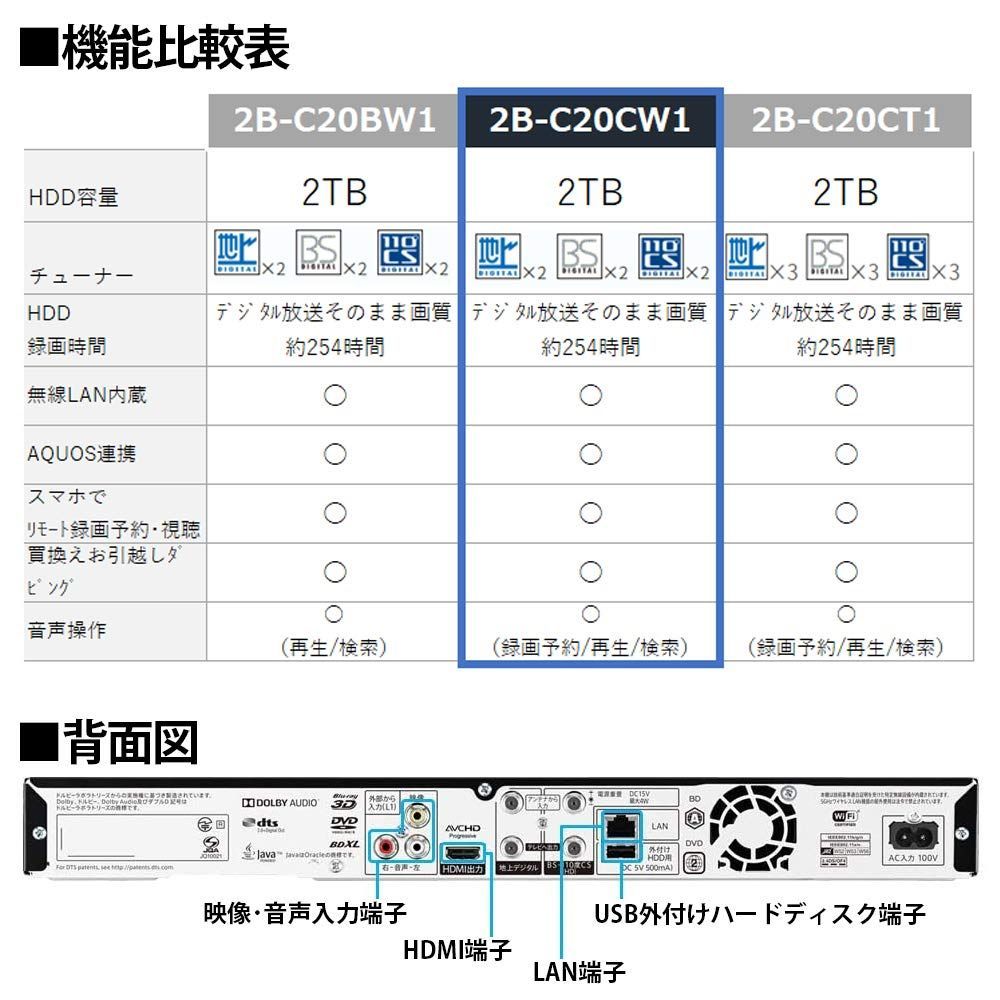 シャープ 2TB 2番組同時録画 ブルーレイレコーダー 2B-C20CW1 連続