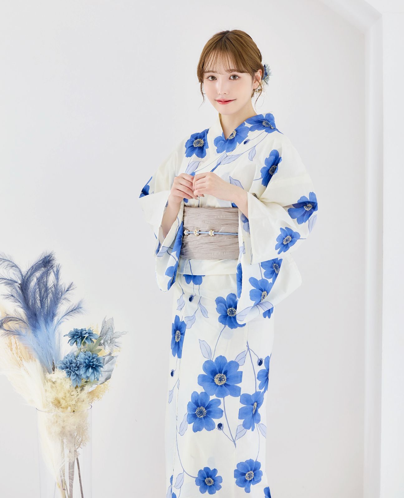 新品 浴衣セット さざんか柄【白地赤/白地青2色展開】 【 赤/Y4