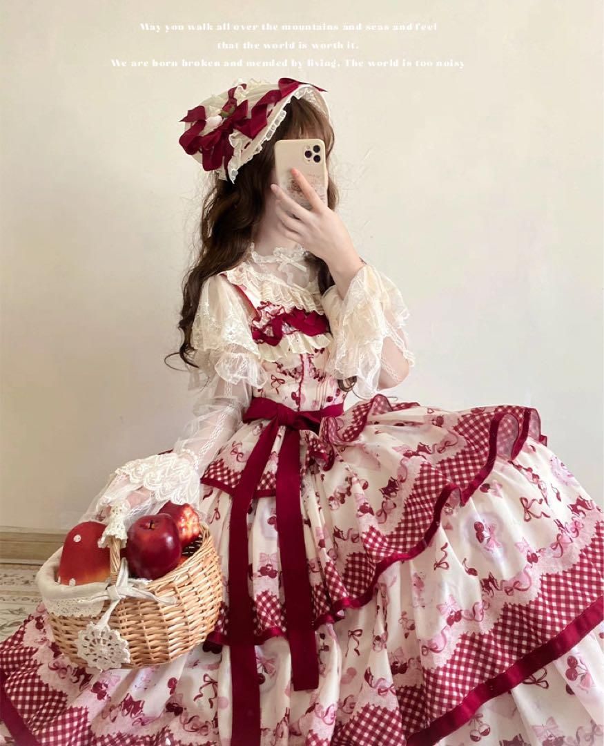 赤チェリー　ロリータスカート jsk 春夏ロングワンピース 可愛い 日常田園風 赤チェリー ロリータスカート jsk 春夏ロングワンピース 可愛い