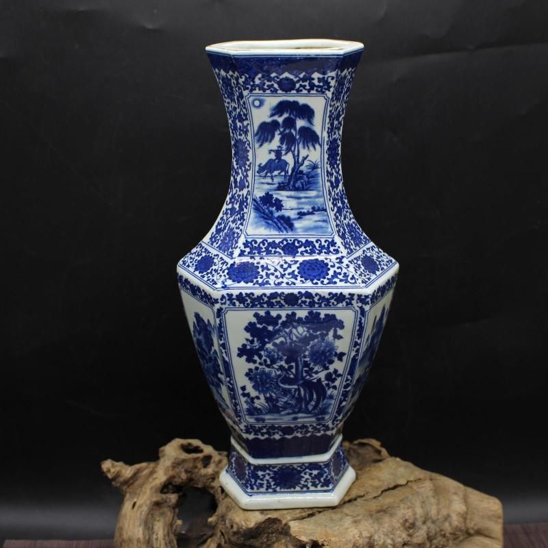 清乾隆青花人物花鳥六方賞瓶 景徳鎮 陶磁器 装飾品 現代工芸品 美術品 置物 清乾隆青花人物花鳥六方賞瓶 景徳鎮 陶磁器 装飾品 現代工芸品