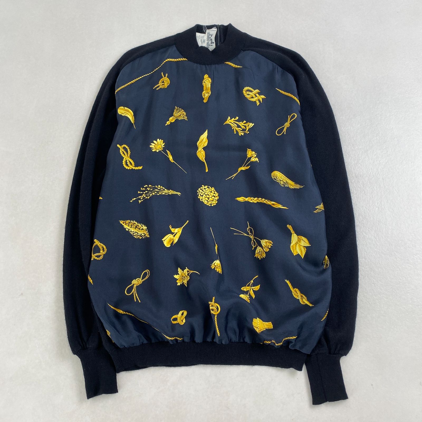 エルメス ニット HERMES カシミヤ シルク混 スカーフ柄 ネイビー ブラック 38 L相当