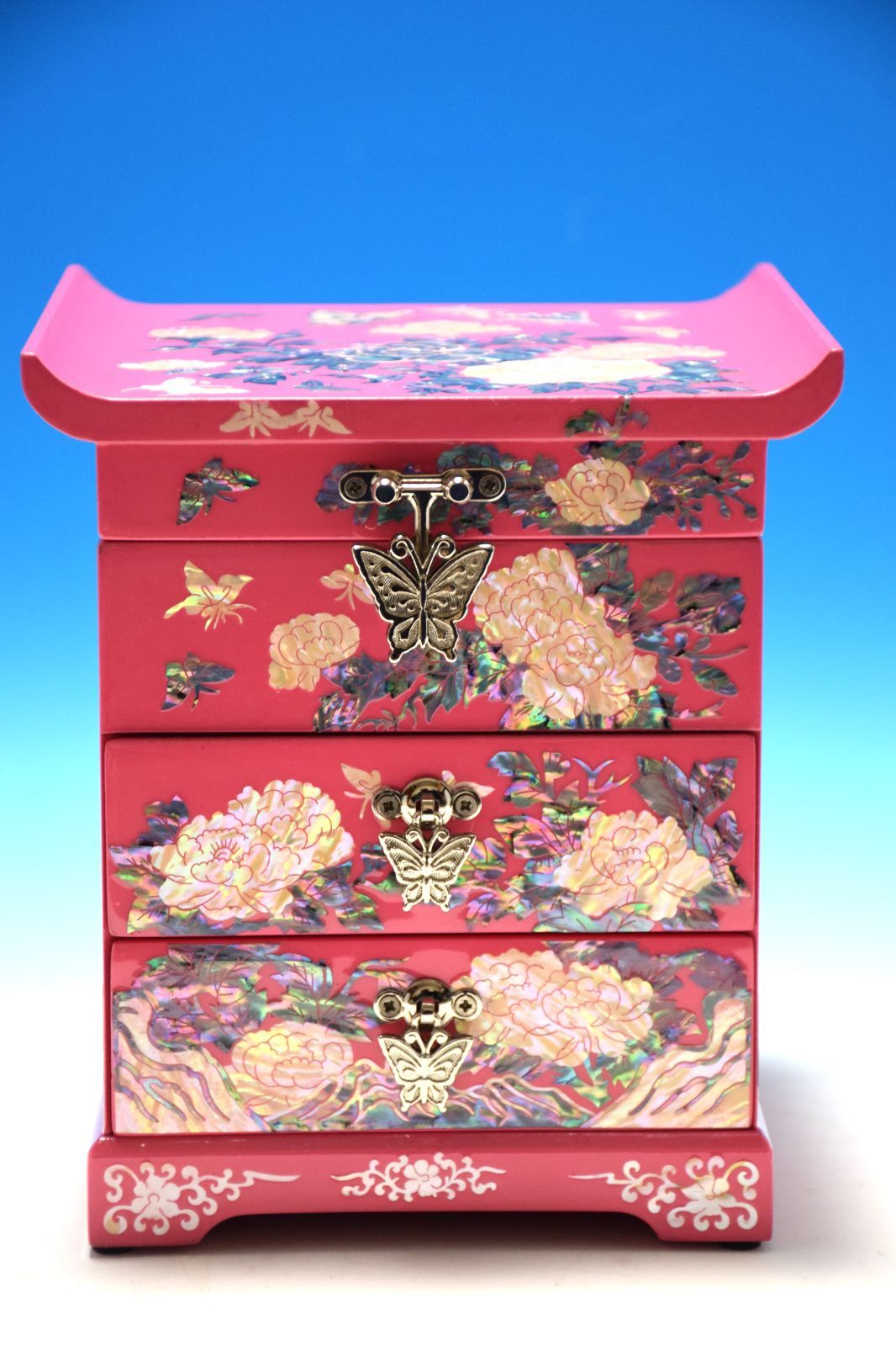 □韓国 伝統工芸□螺鈿細工□高級螺鈿3段宝石箱□牡丹と蝶