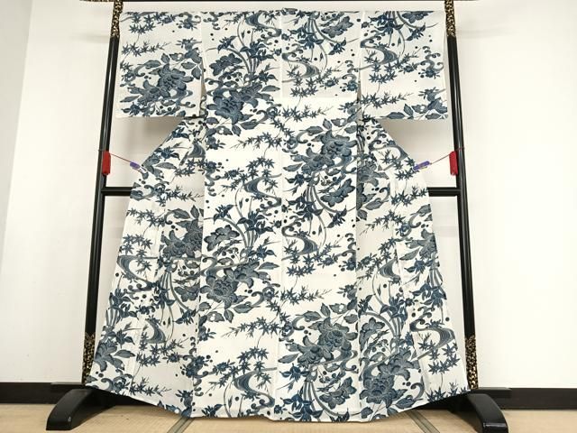平和屋着物＊夏物 小紋 藍 流水草花文 麻 AABA2509np