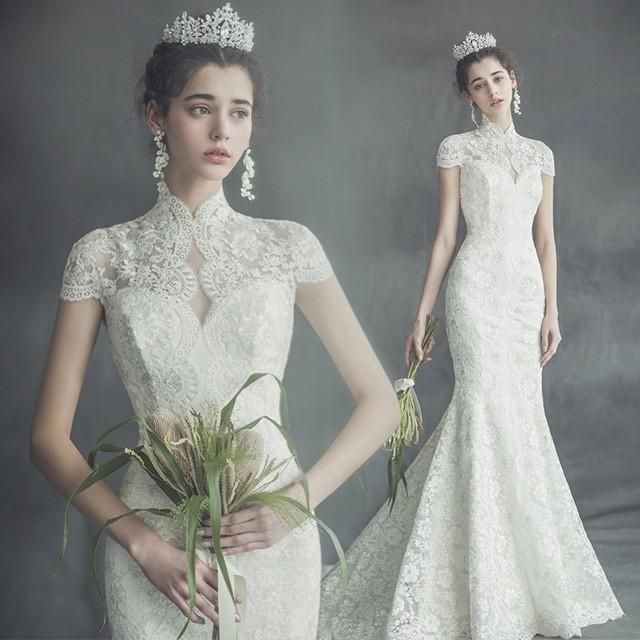 ウェディングドレス マーメイドライン 細身 着痩せ チャイナドレス 花嫁 結婚式ドレス 半袖 レース トレーン キレイめ ホワイトドレス 披露宴 挙式