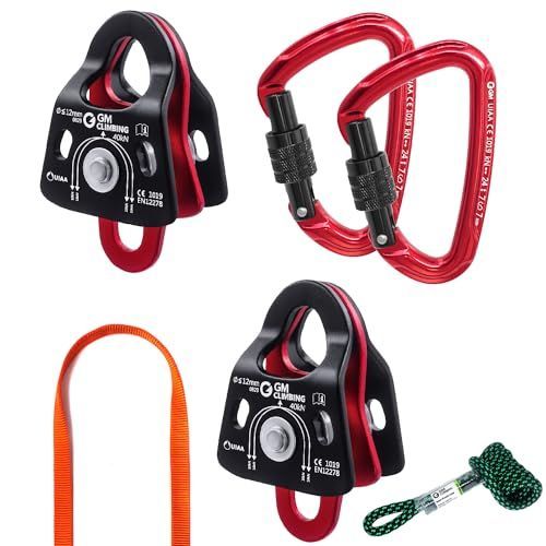 Color セット | レッド GM CLIMBING CE UIAA認証 40kN マイクロダブルプーリー ボールベアリング使用 5 1 倍力システム プーリーシステム メカニカルアドバンテージ クライミング リギング レスキュー アーボリスト用 キットセッ