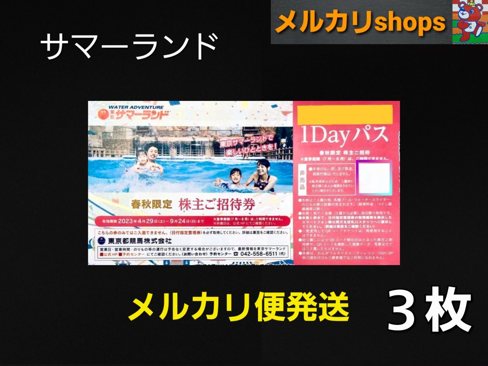 東京サマーランド１DAYパス 春秋限定 株主優待ご招待券 3枚セットb