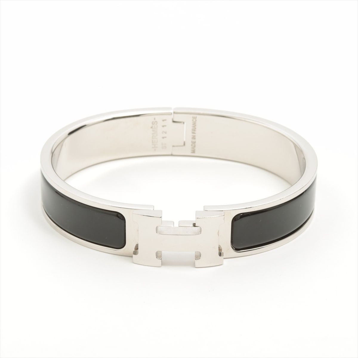 HERMES Hブレスレット黒レザー シルバーバングル HERMES/エルメス Hバングル クリック H バングル PM ブラック/シルバー