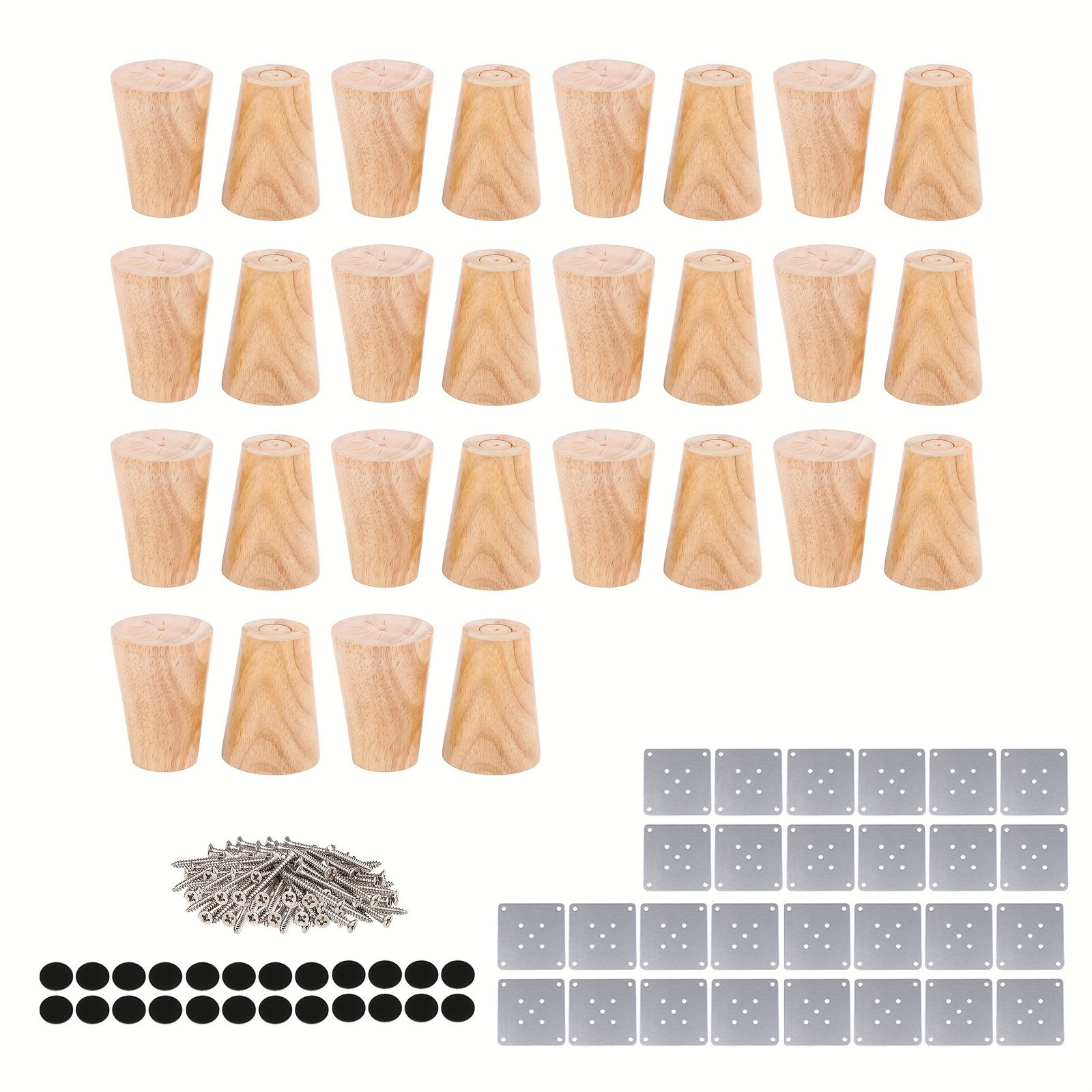 28個の自然な木製コーン家具脚 8cm x 5.8cm x 3.8cm - 28個の鉄板 28個のフットパッド 252個のスクリューを含み 丈夫な組み立てに最適 モダンでミニマリストなデザインに最適