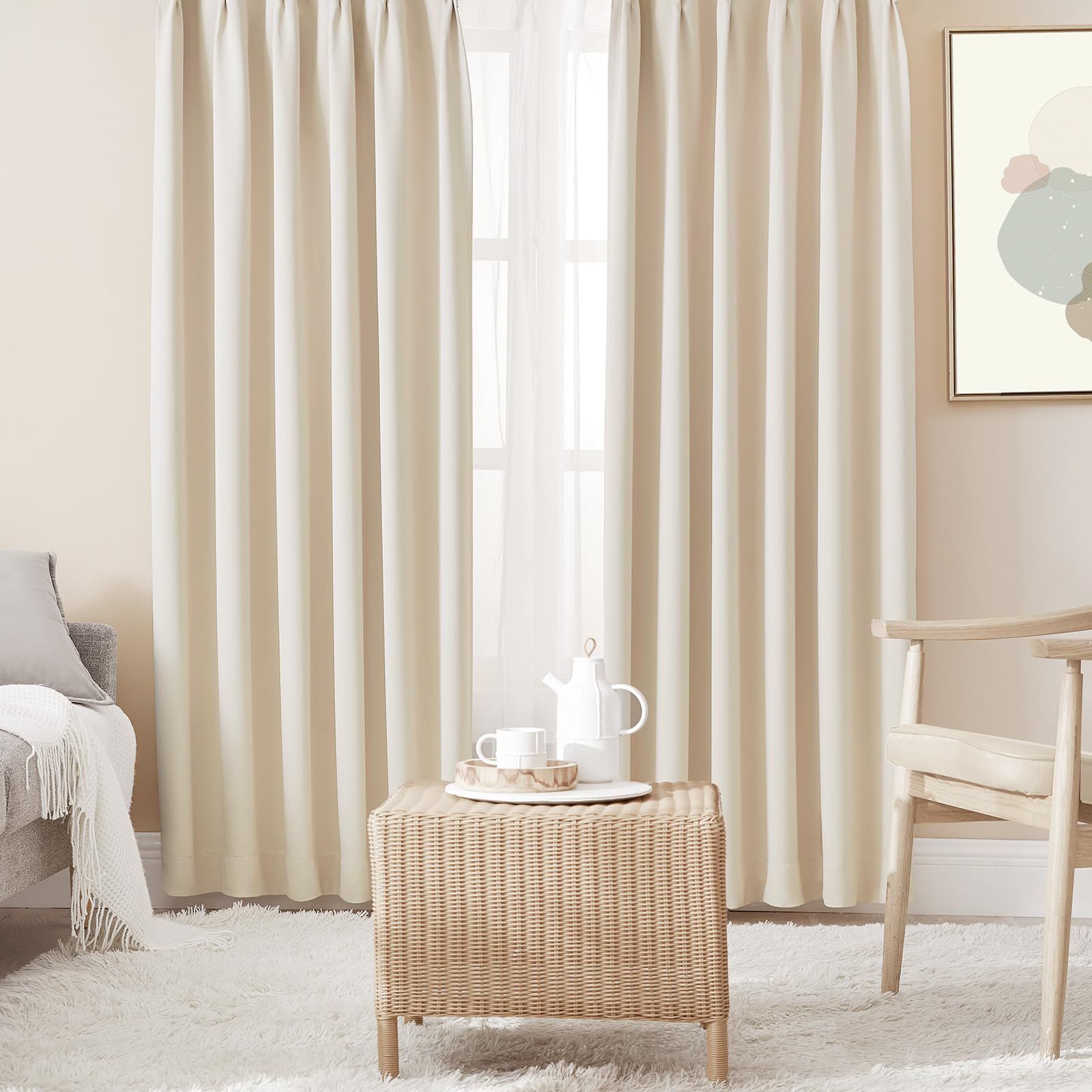 【迅速発送】大きめ 幅100cm丈200cm UVカット ベージュ 断熱 防寒 防音 4枚組 省エネ 厚手 1級遮光 無地 おしゃれ カーテン カーテンセット 洗える Hansleep リビング用 (ドレープカーテン2枚・レー