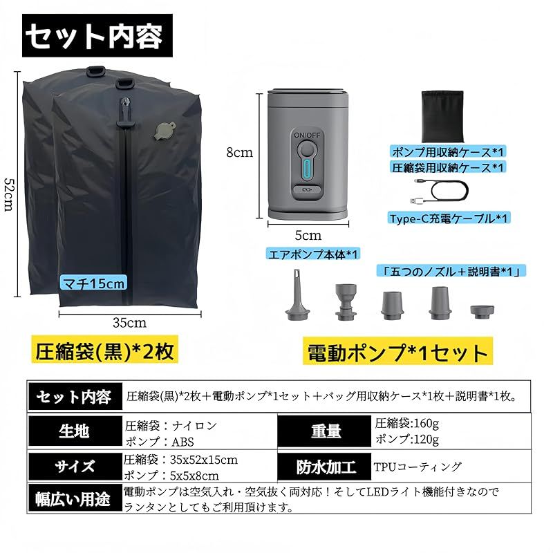 圧縮トラベルバッグ 電動ポンプ付き 圧縮袋 旅行 トラベルポーチ 真空圧縮バッグ 旅行便利グッズ 高密封 防水 衣類収納 省スペース トラベル 出張 吸引機 アウター 大きめ 吊り下げ 圧縮袋2枚 ポンプ1個セット 1
