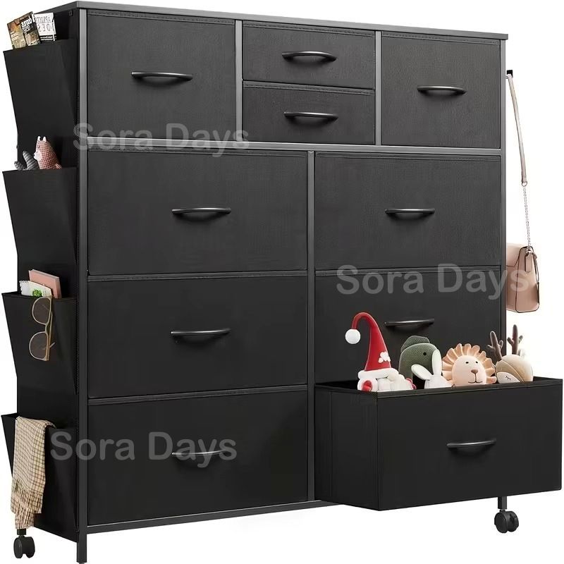 チェスト キャビネット モノトーン ワイドチェスト キャスター付き シンプル おしゃれ インテリア 北欧 衣類収納 大容量 省スペース 引き出し 4段10杯 サイドポケット付き ホワイト ブラック 100.6×29.8×102.3cm