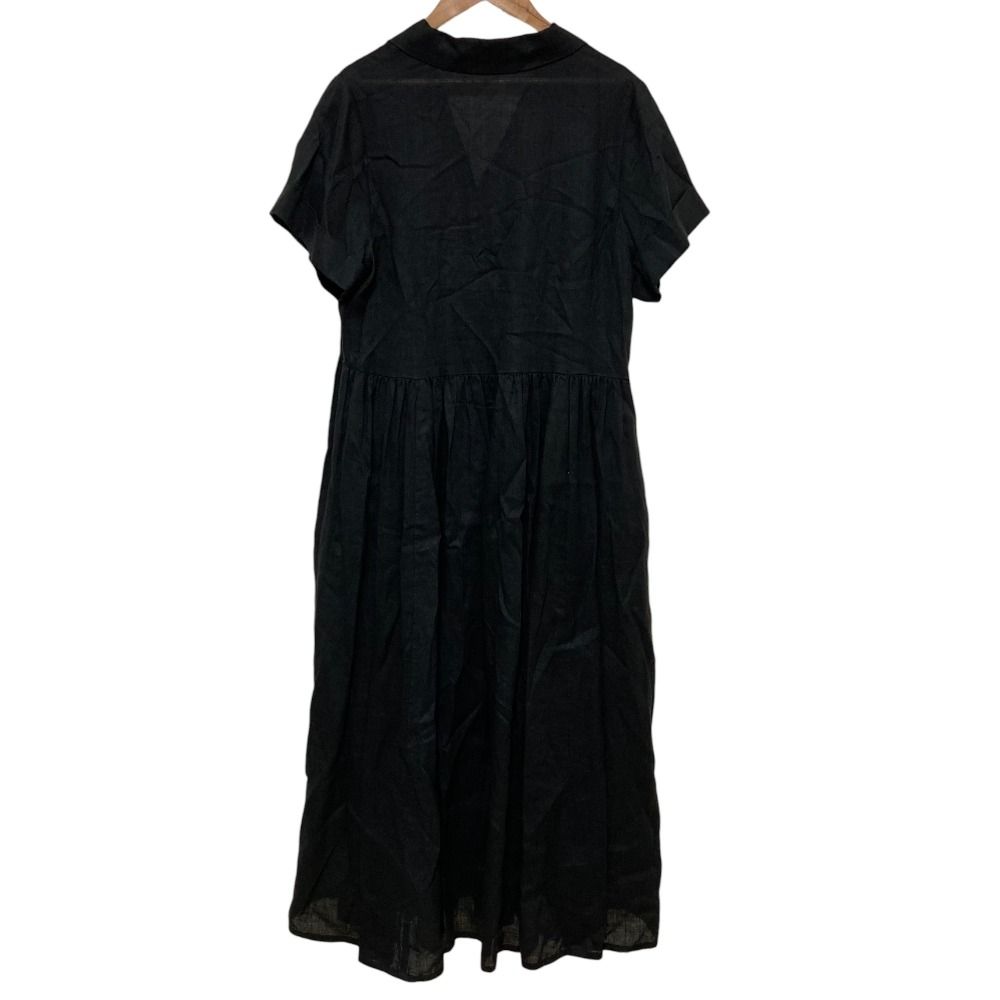 CADUNE カデュネ リネン ギャザー シャツドレス 半袖 ロング マキシ丈 ワンピース 72264780 サイズ38 ネイビー レディース 古着