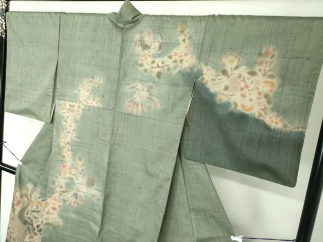 平和屋着物●内田陽一郎　夾纈　生紬　訪問着　花鳥文　正絹　逸品　DAAU5106ps 平和屋着物○内田陽一郎 夾纈 生紬 訪問着 花鳥文 正絹 逸品