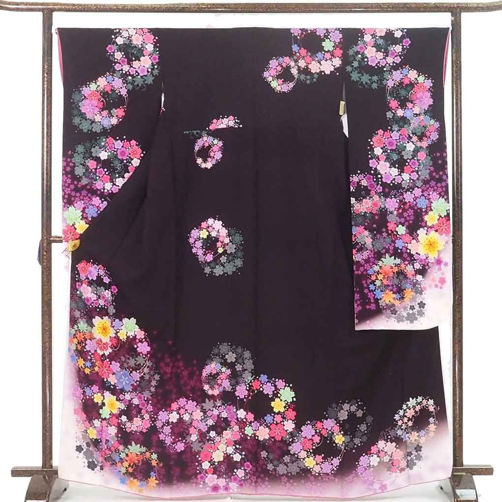 振袖 身丈168cm 裄66cm 前幅24cm 後幅30cm 袖丈107cm 袖幅34cm レディース 袷 花柄 裄長 裄M-Lサイズ 秋冬春用 正絹 シルク パープル トールサイズ リメイク リユース リサイクル 呉服のきくや