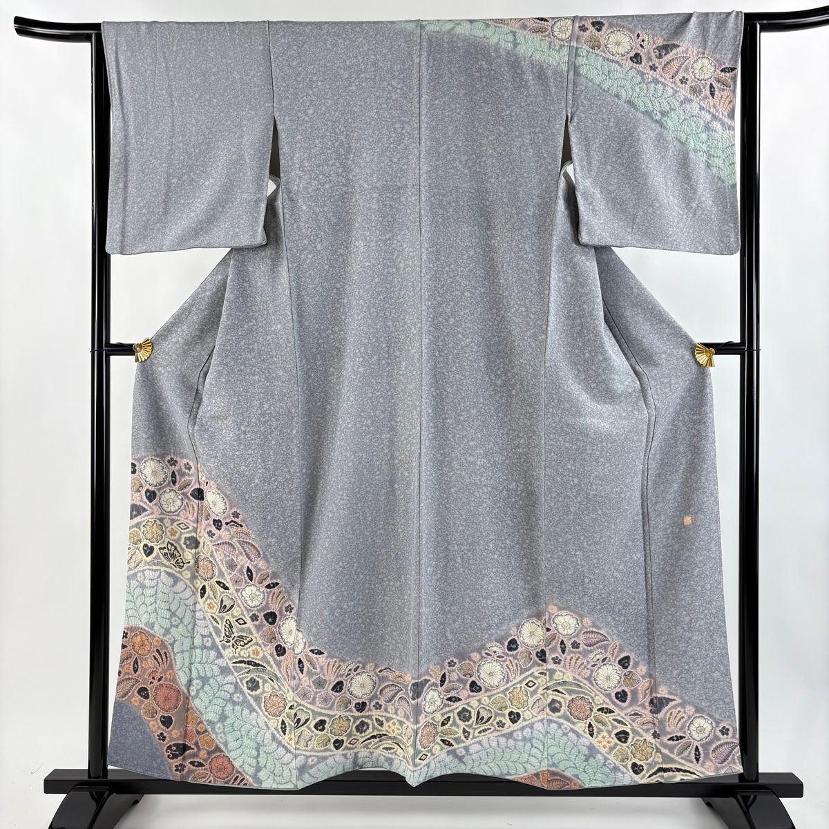 訪問着 身丈156.5cm 裄丈64cm M 袷 落款 辻が花 蝶 ぼかし 染め分け 灰色 正絹 名品