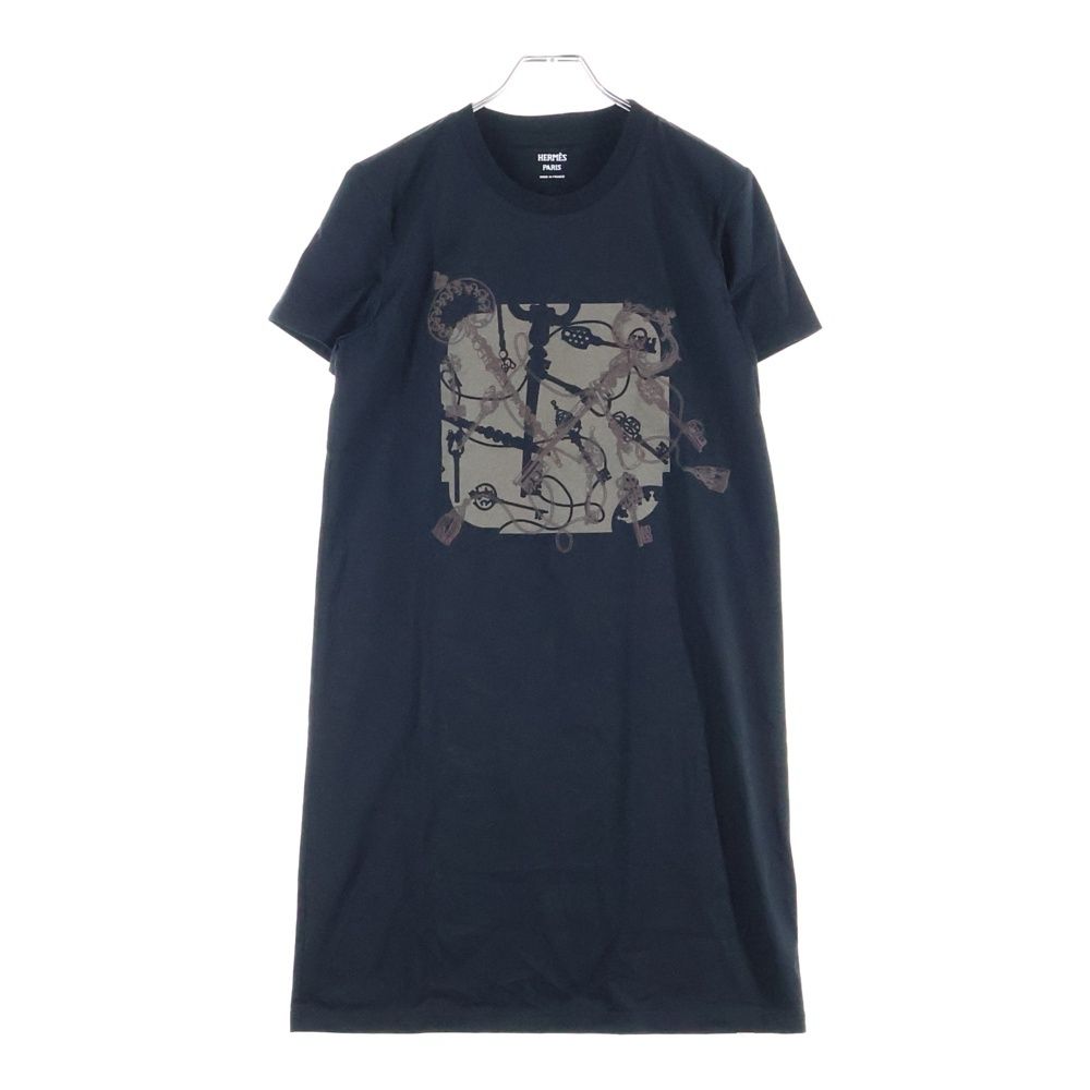 HERMES エルメス カルトゥッシュ キー チェーン プリント クルーネック 半袖 ロング Tシャツ カットソー ワンピース ドレス ブラック レディース