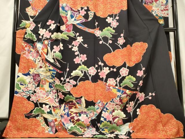 平和屋着物□豪華振袖 駒刺繍 飛鶴几帳花文 黒地 金彩 正絹 逸品