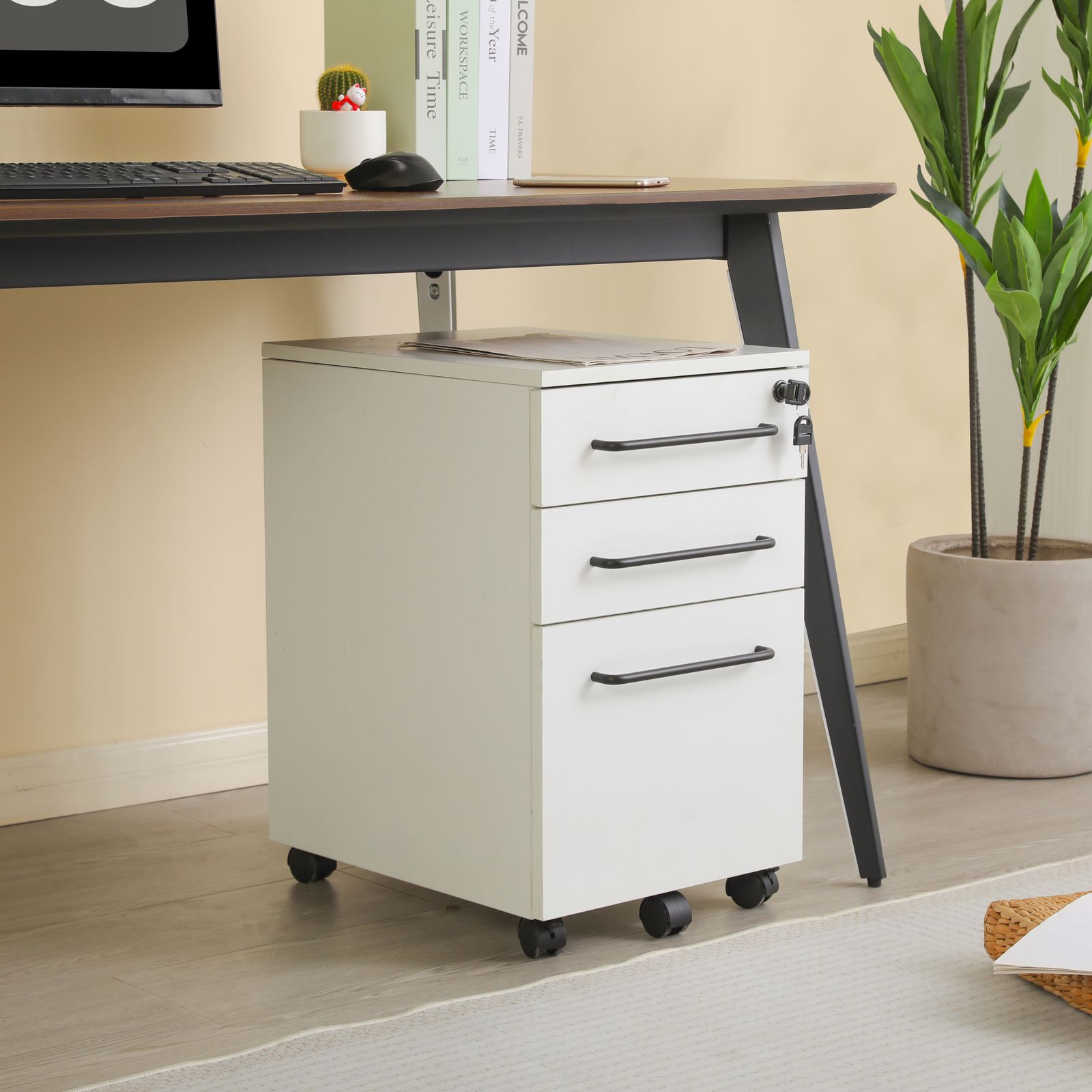 登場 デスクワゴン サイドワゴン ラック 鍵付き キャスター付き 脇机 引き出し3段 ホワイト
