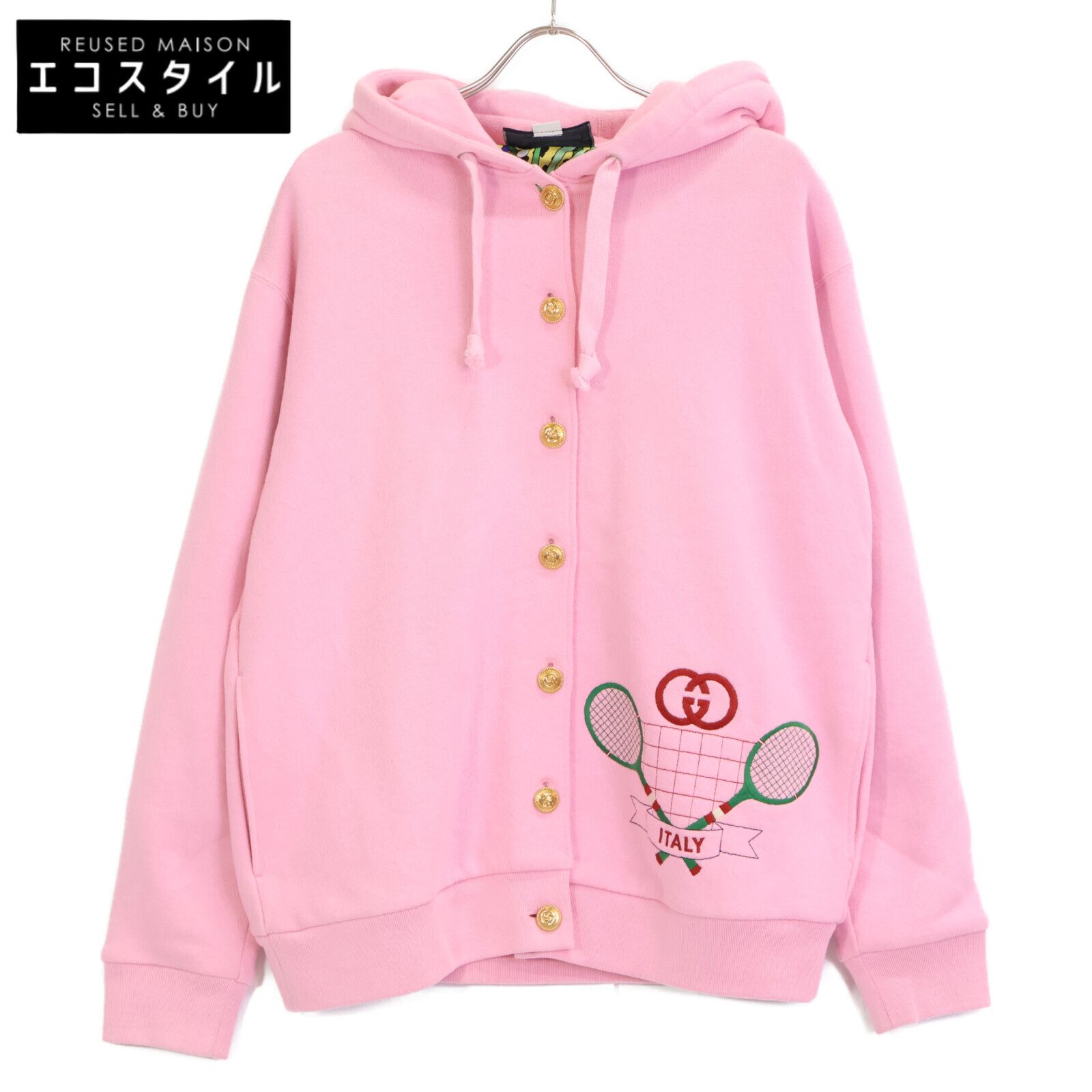 GUCCI グッチ 572808 ﾋﾟﾝｸ ﾃﾆｽﾛｺﾞ金ﾎﾞﾀﾝﾌｰﾃﾞｯﾄﾞﾊﾟｰｶ S